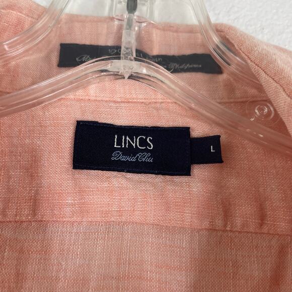 Lincs David Chu 100% Linen Peach Button Up SS shirt Men's Large - Picture 7 of 12